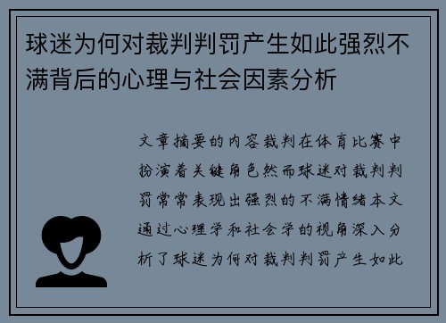 球迷为何对裁判判罚产生如此强烈不满背后的心理与社会因素分析